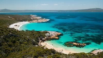 Aerial image of beautiful turquoise water at two peoples bay, Albany, Western Australia