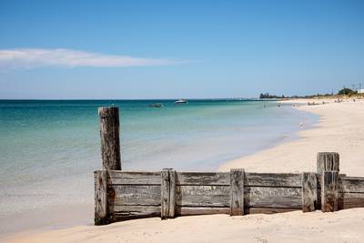 Scenic old jetty remains on Busselton Beach at Geographe Bay, Western Australia