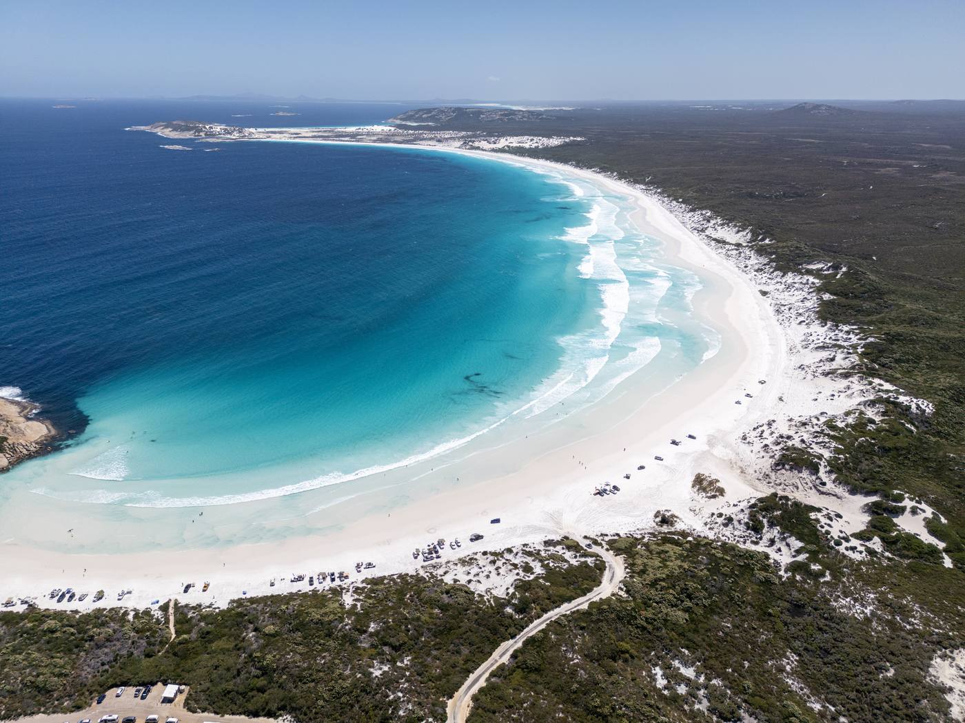 Aerial view of turquoise water and white sand at Wharton Bay, Esperance, Western Australia