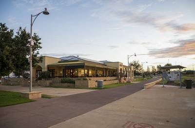 Evening view of the popular Dome cafe and restaurant on the Geraldton foreshore, Western Australia, featuring its distinctive…