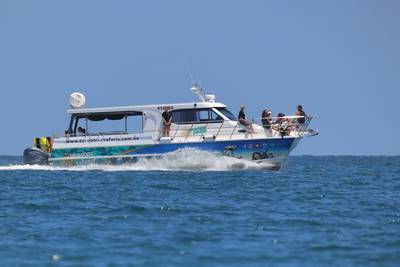 Guided sea lion tour operator boat returning to the harbor, Jurien Bay, Western Australia