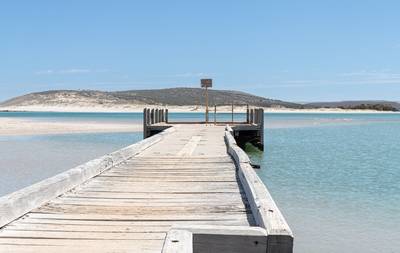 Kalbarri wooden Jetty into the Murchinson River Estuary, Kalbarri, Western Australia, Australia