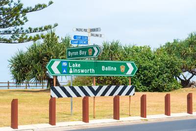Directional touristic road signs at Lennox Head, Australia