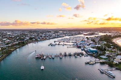 Golden Hour Aerial Panorama of Point Cartwright and Mooloolah River Estuary, with Marinas, Boats, and Coastal Landscape in Queensland