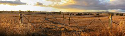 Panoramic views of dry, drought stricken farm land through old steel locked farm gates on a hot afternoon in Gunnedah, New South Wales,…