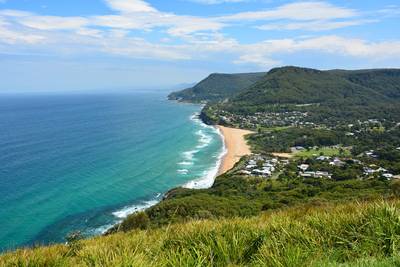 View of Stanwell Park Beach in NSW, Australia, from the Stanwell Tops Lookout.
