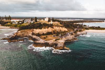 Drone photo of rocky Clarence Head at Yamba, New South Wales