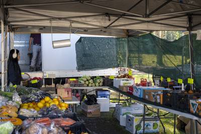 Fresh vegetables displayed for sale at a farmers market produce stall.